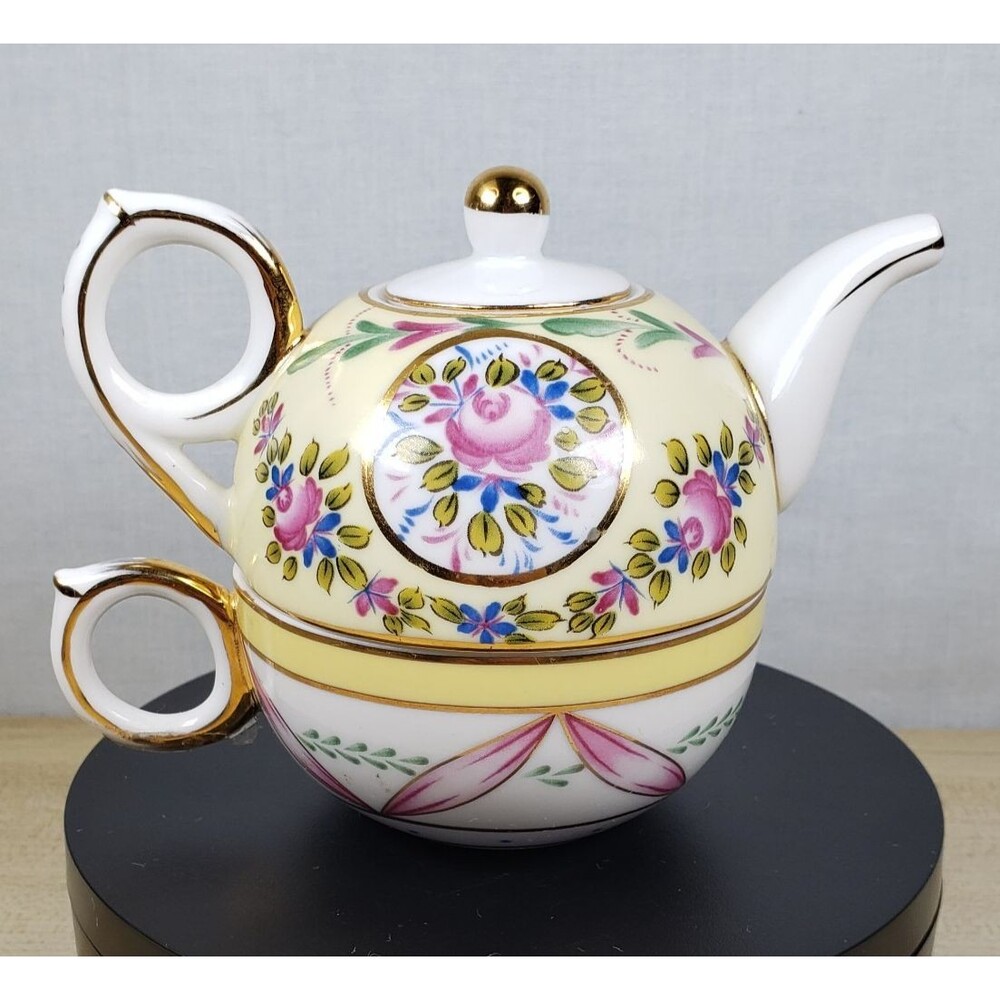 Vintage Nantucket Single Serve Teapot With Lid And Teacup Yellow Floral 4” Tall - Picture 7 of 16